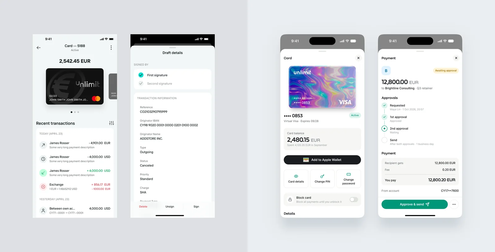 Before and after on mobile. Before: a card screen with recent transactions and a draft details sheet with two small signature ticks. After: a card sheet with balance, Apple Wallet and card actions, and a payment sheet with an approvals timeline, the amount breakdown and an Approve and send button