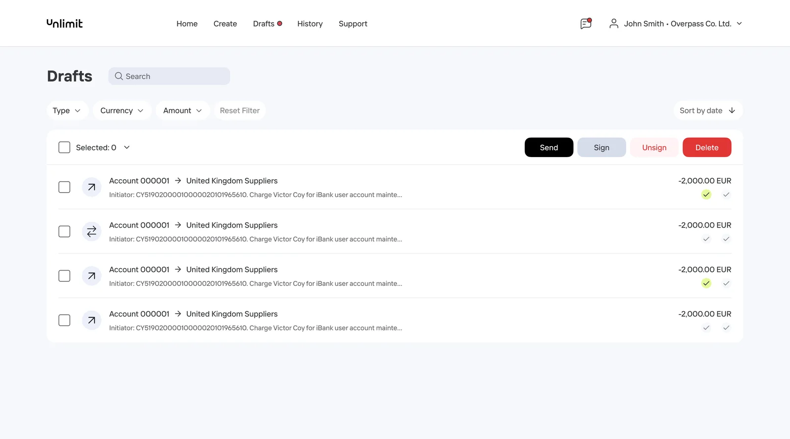 The old Unlimit web bank: a Drafts list of four payments from Account 000001 to United Kingdom Suppliers, each with two small signature ticks, and Send, Sign, Unsign and Delete buttons above the list