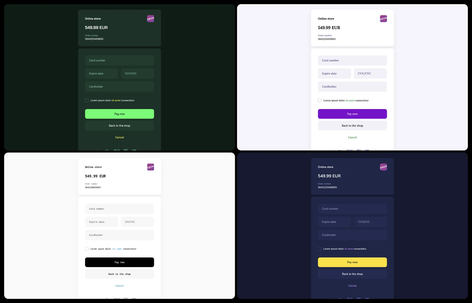 The same card payment page in four merchant styles: dark green with a bright green Pay now button, light lavender with a serif font and a purple button, plain white with a monospaced font and a black button, and dark navy with a yellow button. The layout, fields and order details stay the same in all four