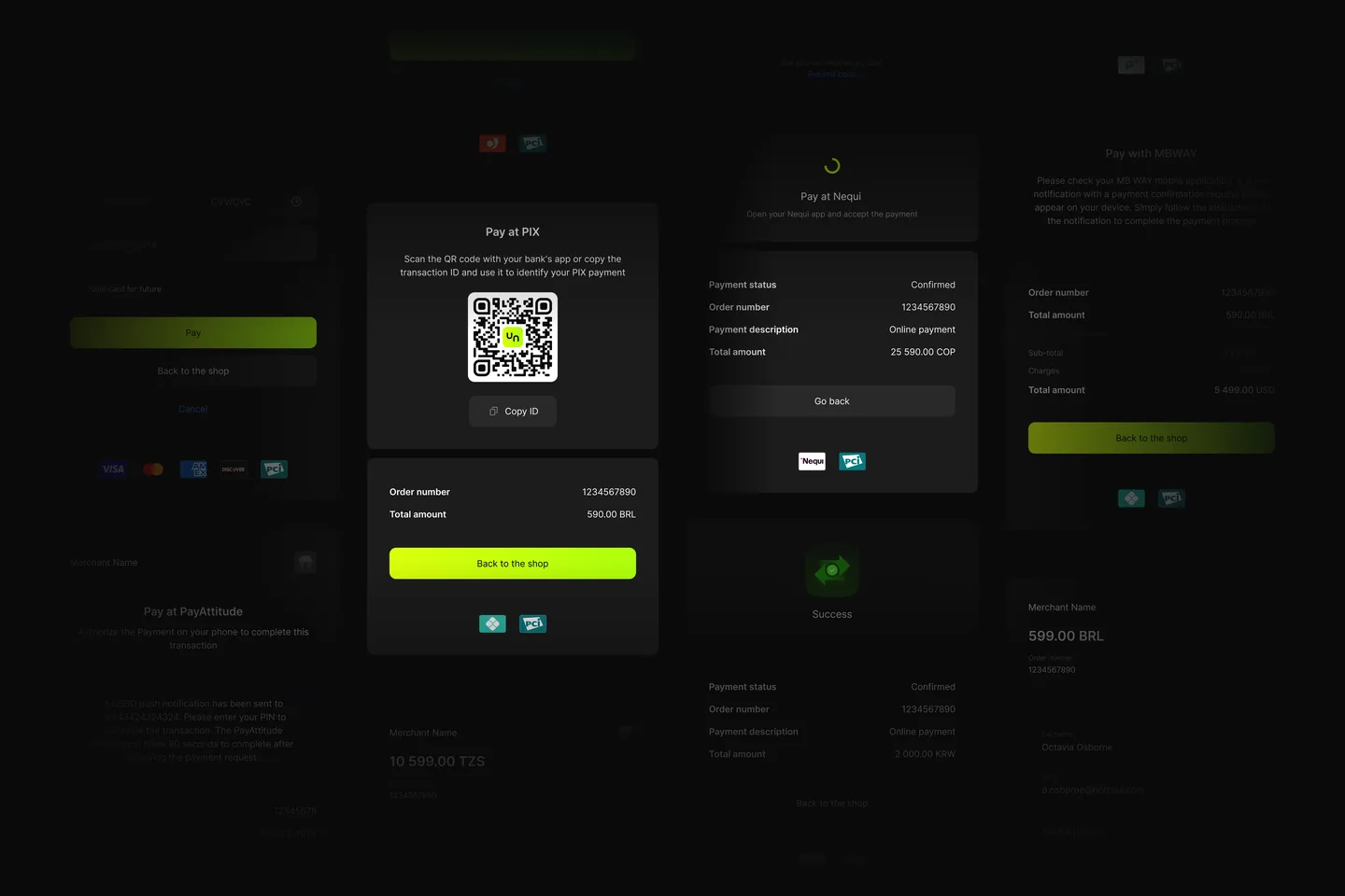 Payment Pages: checkout screens for cards, MB WAY, Nequi, PayAttitude and PIX, with order details and a success page